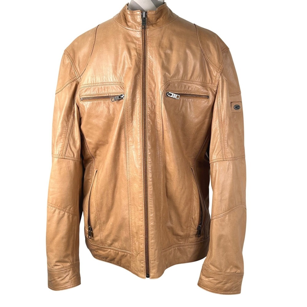 Camel Active Mens Tan‎ Brown Cow Leather Cafe Racer Moto Jacket Size 54 XL